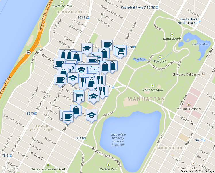 map of restaurants, bars, coffee shops, grocery stores, and more near 350 Central Park West in New York
