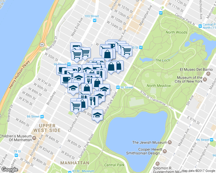 map of restaurants, bars, coffee shops, grocery stores, and more near 31 West 94th Street in New York