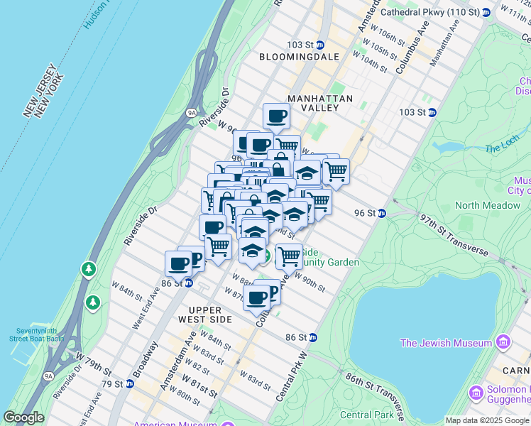 map of restaurants, bars, coffee shops, grocery stores, and more near 140 West 92nd Street in New York