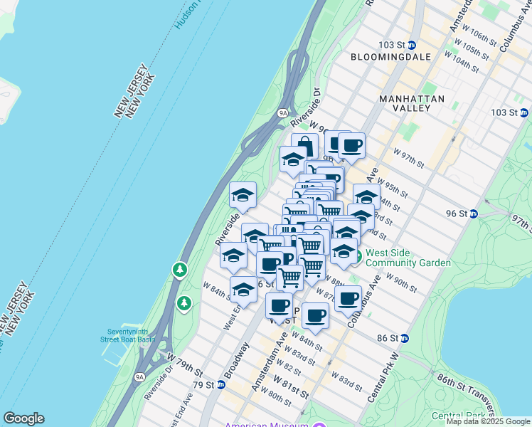 map of restaurants, bars, coffee shops, grocery stores, and more near 304 West 89th Street in New York
