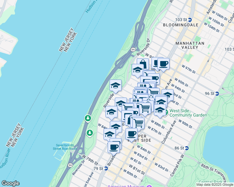map of restaurants, bars, coffee shops, grocery stores, and more near 341 West 88th Street in New York