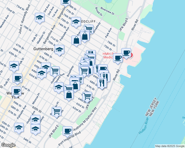 map of restaurants, bars, coffee shops, grocery stores, and more near 6811 Bellevue Avenue in Guttenberg