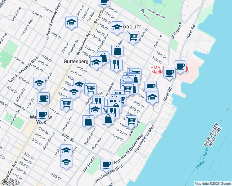 map of restaurants, bars, coffee shops, grocery stores, and more near in West New York