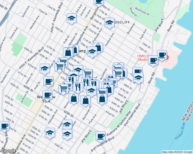 map of restaurants, bars, coffee shops, grocery stores, and more near 6500 Dewey Avenue in West New York