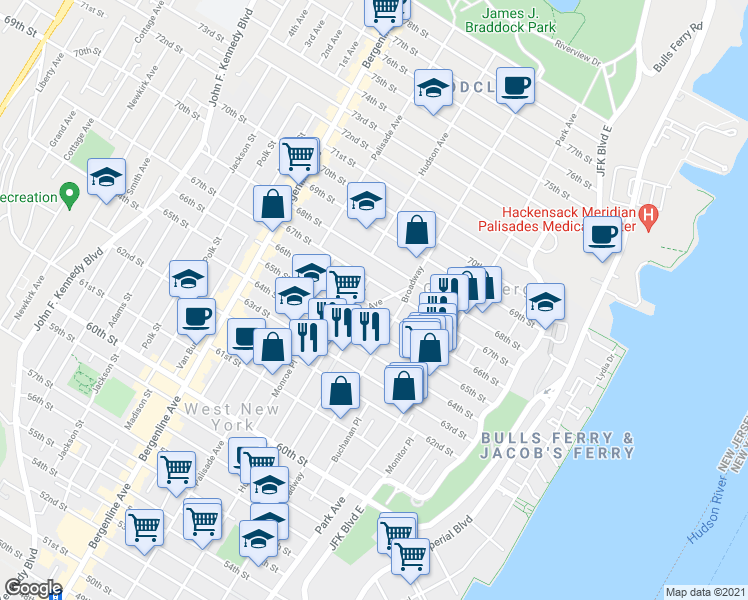 map of restaurants, bars, coffee shops, grocery stores, and more near 6500 Dewey Avenue in West New York