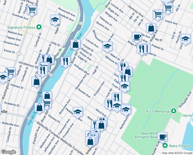 map of restaurants, bars, coffee shops, grocery stores, and more near 75 Arlington Boulevard in North Arlington