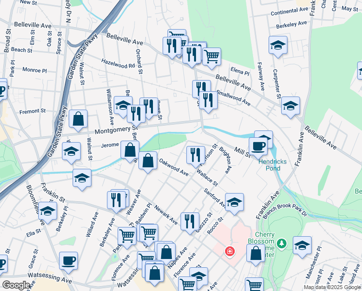 map of restaurants, bars, coffee shops, grocery stores, and more near 8 Canella Court in Bloomfield