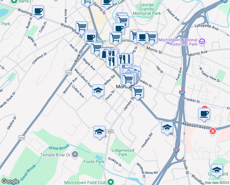 map of restaurants, bars, coffee shops, grocery stores, and more near 91 Maple Avenue in Morristown
