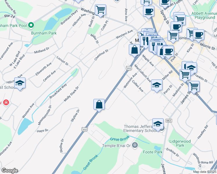 map of restaurants, bars, coffee shops, grocery stores, and more near 68 Mount Kemble Avenue in Morristown