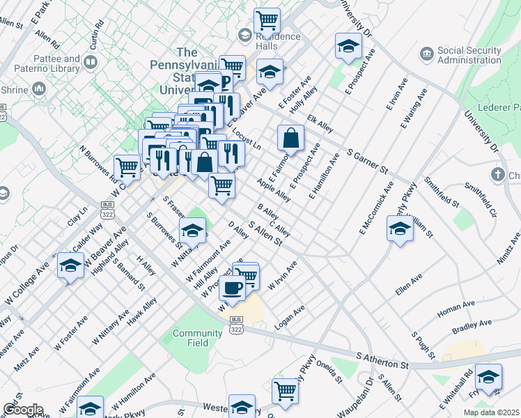 map of restaurants, bars, coffee shops, grocery stores, and more near 510 South Allen Street in State College