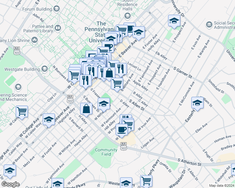 map of restaurants, bars, coffee shops, grocery stores, and more near 118 West Nittany Avenue in State College