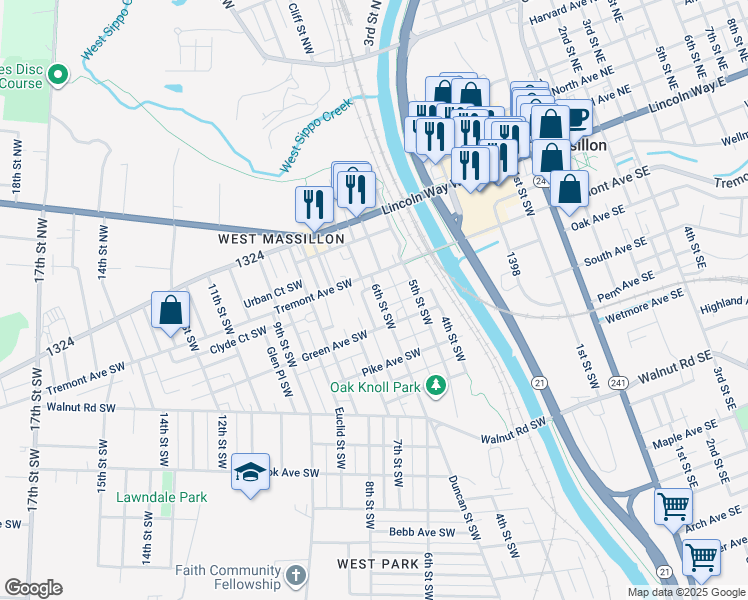 map of restaurants, bars, coffee shops, grocery stores, and more near 337 6th Street Southwest in Massillon