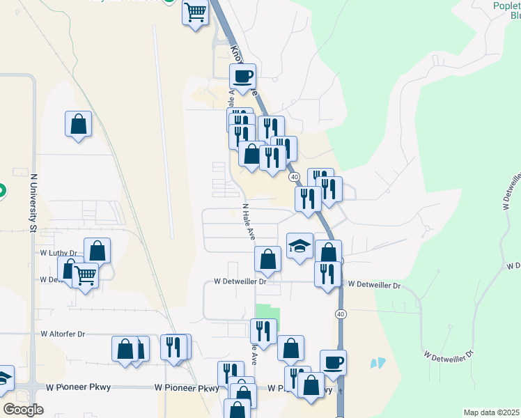 map of restaurants, bars, coffee shops, grocery stores, and more near 900-1098 West Inverness Street in Peoria