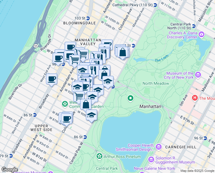 map of restaurants, bars, coffee shops, grocery stores, and more near 350 Central Park West in New York
