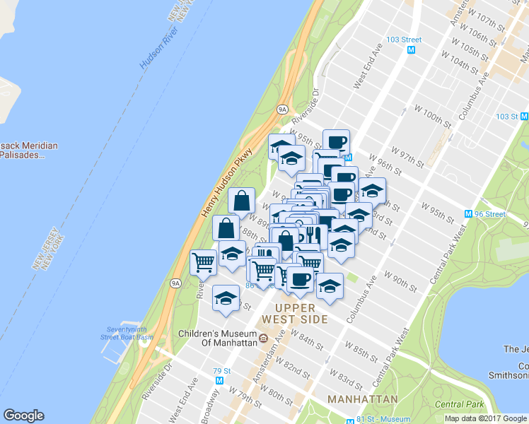 map of restaurants, bars, coffee shops, grocery stores, and more near 304 West 89th Street in New York