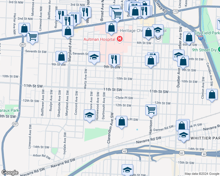map of restaurants, bars, coffee shops, grocery stores, and more near 2611 11th Street Northwest in Canton