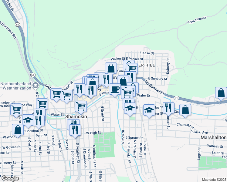 map of restaurants, bars, coffee shops, grocery stores, and more near 178 East Lincoln Street in Shamokin
