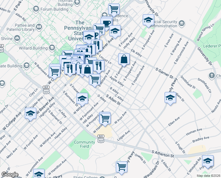 map of restaurants, bars, coffee shops, grocery stores, and more near 126 East Fairmount Avenue in State College