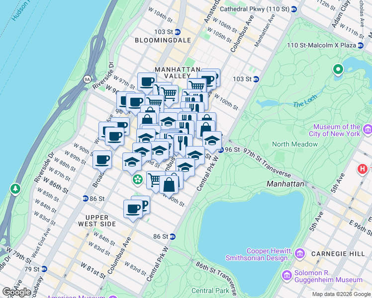 map of restaurants, bars, coffee shops, grocery stores, and more near 70 West 95th Street in New York
