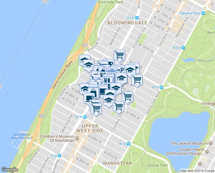 map of restaurants, bars, coffee shops, grocery stores, and more near 203 West 92nd Street in New York