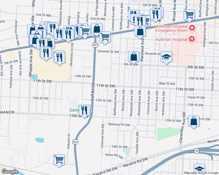 map of restaurants, bars, coffee shops, grocery stores, and more near 1133 Linwood Avenue Southwest in Canton