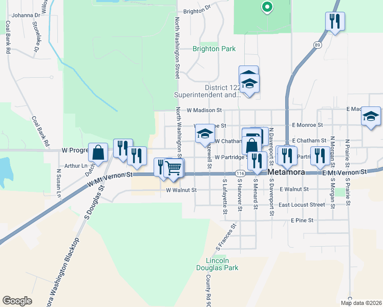 map of restaurants, bars, coffee shops, grocery stores, and more near 101-199 North Hancock Street in Metamora