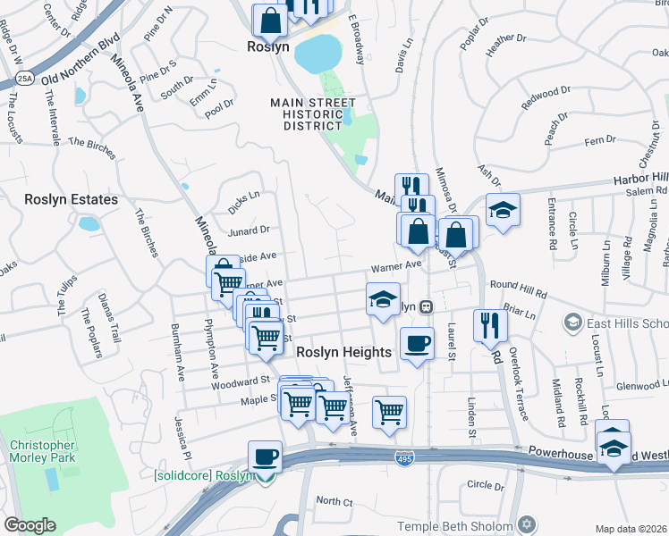 map of restaurants, bars, coffee shops, grocery stores, and more near 181 Garden Street in Roslyn Heights