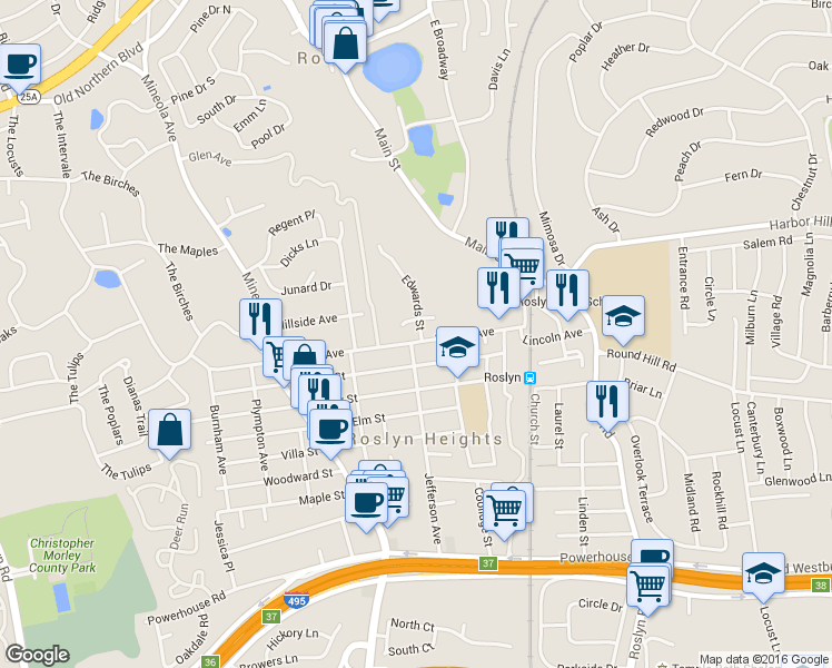 map of restaurants, bars, coffee shops, grocery stores, and more near 217 Garden Street in Roslyn Heights