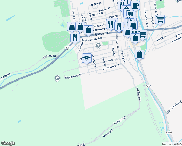 map of restaurants, bars, coffee shops, grocery stores, and more near 324 Orwigsburg Street in Tamaqua