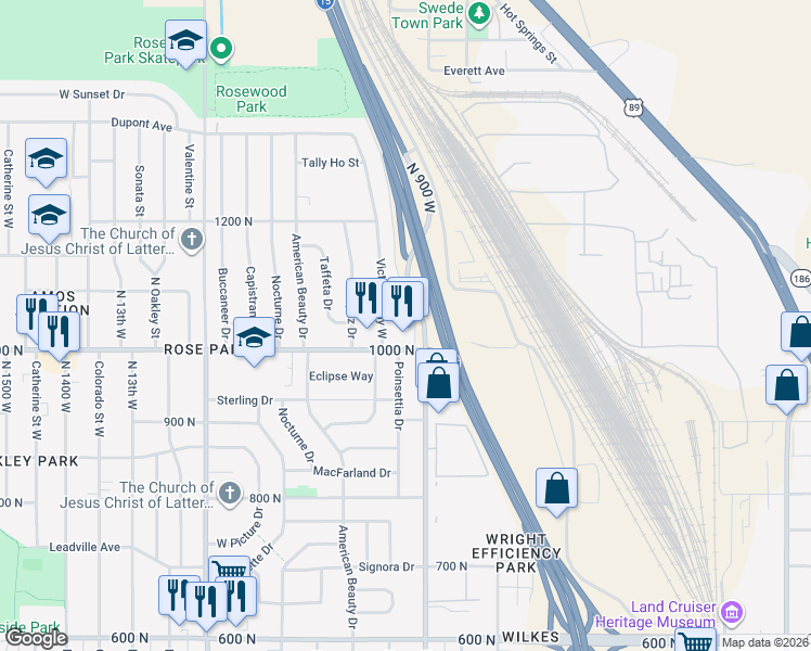map of restaurants, bars, coffee shops, grocery stores, and more near 921 West 1100 North in Salt Lake City