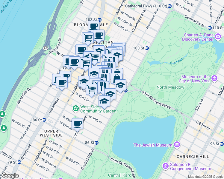 map of restaurants, bars, coffee shops, grocery stores, and more near 55 West 95th Street in New York