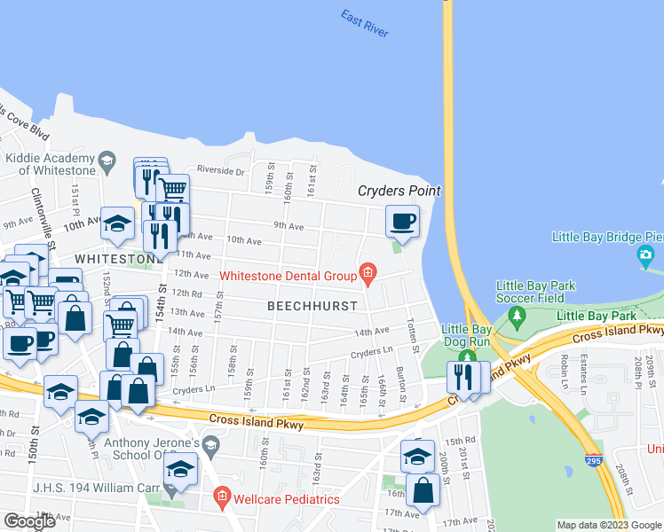map of restaurants, bars, coffee shops, grocery stores, and more near 162-40 9th Avenue in Queens