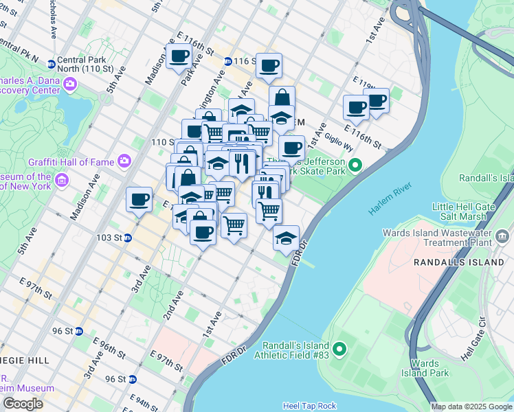 map of restaurants, bars, coffee shops, grocery stores, and more near 326 East 110th Street in New York