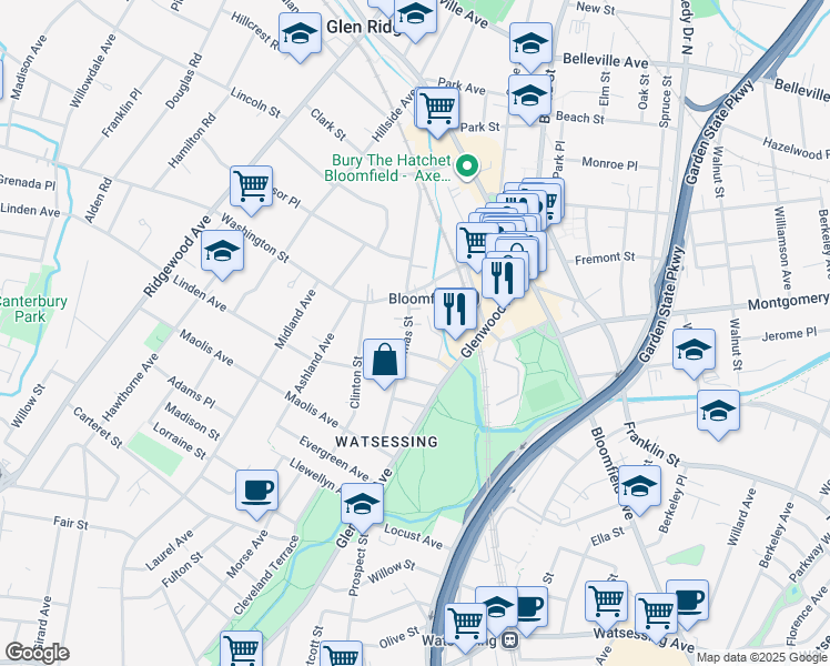 map of restaurants, bars, coffee shops, grocery stores, and more near 103 Thomas Street in Bloomfield