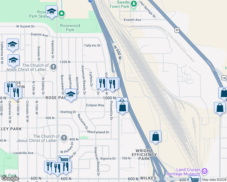 map of restaurants, bars, coffee shops, grocery stores, and more near 921 West 1100 North in Salt Lake City