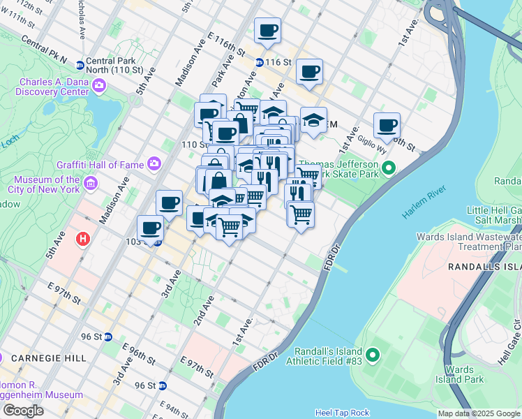 map of restaurants, bars, coffee shops, grocery stores, and more near 300 East 109th Street in New York