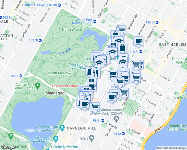 map of restaurants, bars, coffee shops, grocery stores, and more near in New York