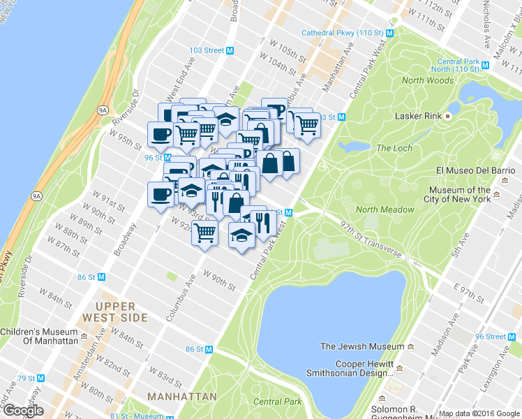 map of restaurants, bars, coffee shops, grocery stores, and more near 65 West 96th Street in New York