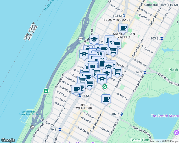 map of restaurants, bars, coffee shops, grocery stores, and more near 2481 Broadway in New York