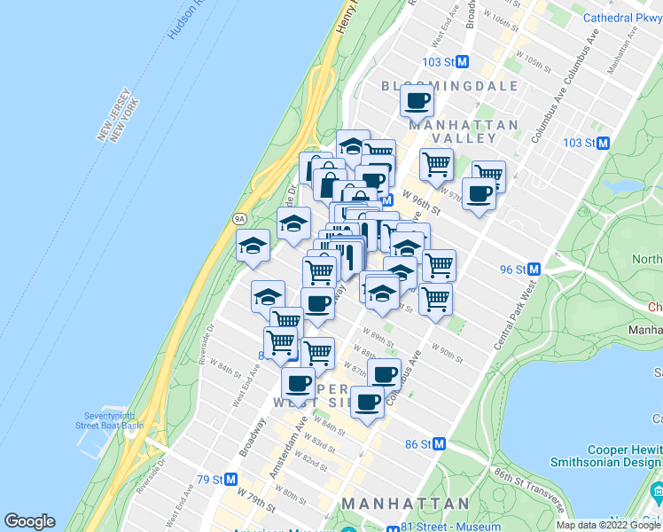 map of restaurants, bars, coffee shops, grocery stores, and more near in New York