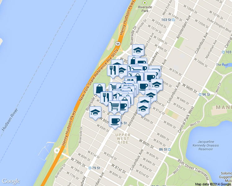 map of restaurants, bars, coffee shops, grocery stores, and more near 187 Riverside Drive in New York