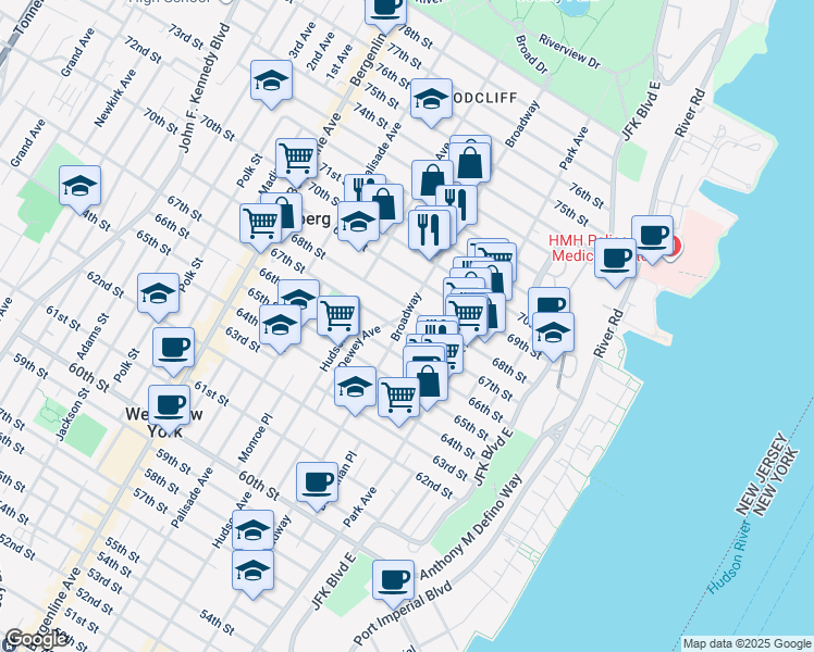 map of restaurants, bars, coffee shops, grocery stores, and more near 209 68th Street in Guttenberg