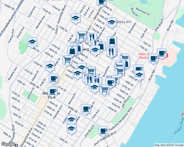 map of restaurants, bars, coffee shops, grocery stores, and more near 300 67th Street in West New York