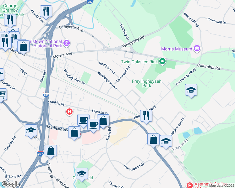 map of restaurants, bars, coffee shops, grocery stores, and more near 104 Washington Avenue in Morristown