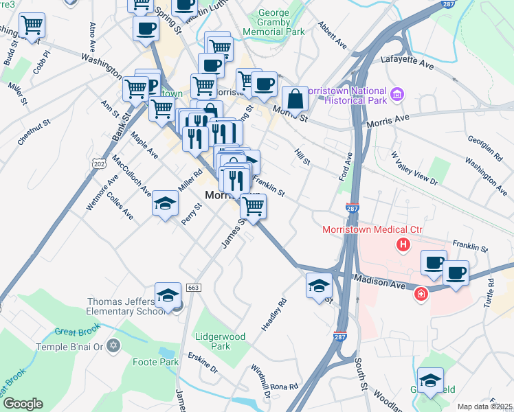 map of restaurants, bars, coffee shops, grocery stores, and more near 182 South Street in Morristown
