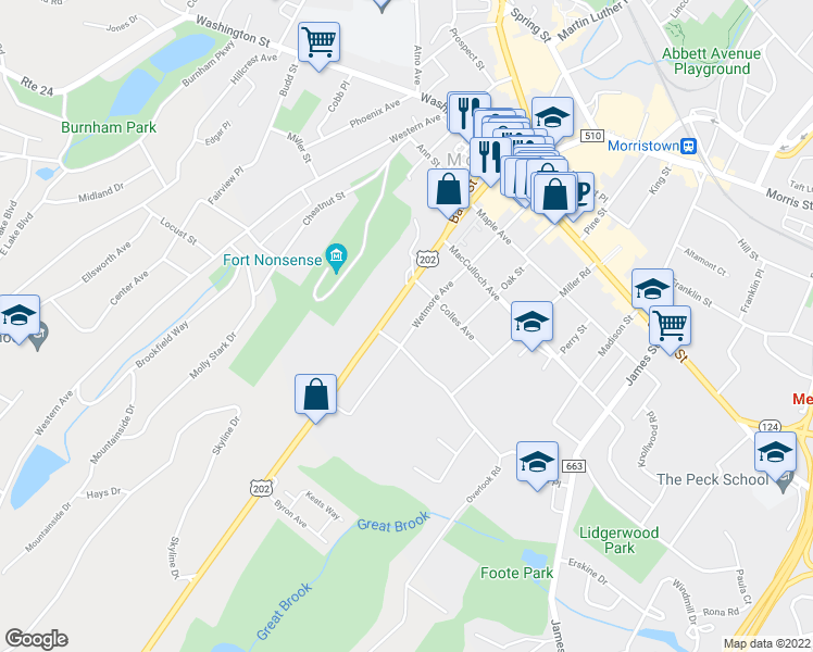 map of restaurants, bars, coffee shops, grocery stores, and more near 38 Mount Kemble Avenue in Morristown