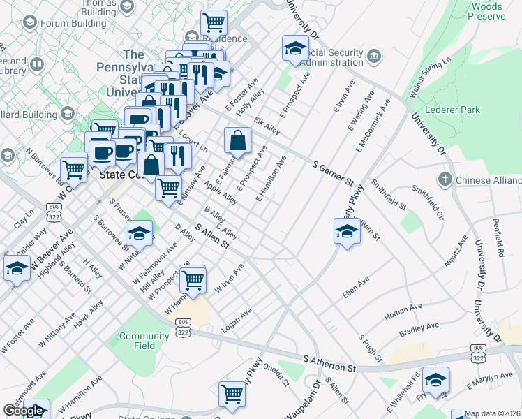 map of restaurants, bars, coffee shops, grocery stores, and more near 262 East Hamilton Avenue in State College