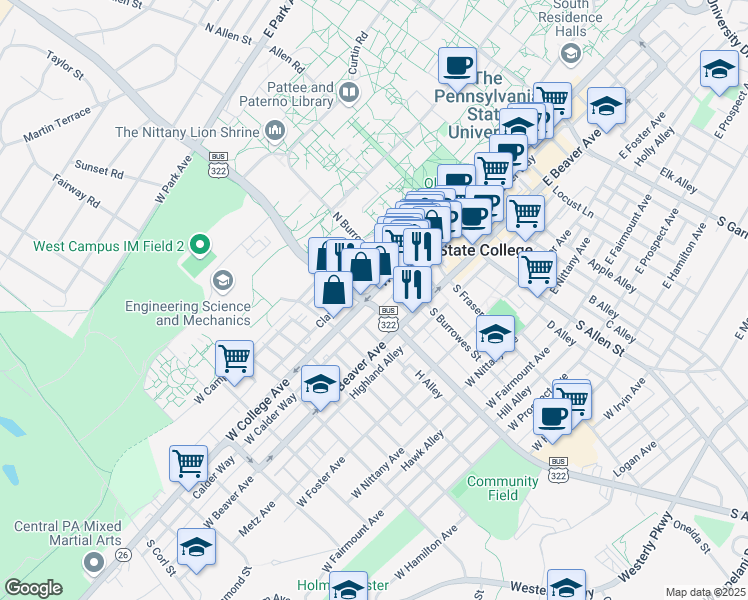 map of restaurants, bars, coffee shops, grocery stores, and more near 331 West College Avenue in State College