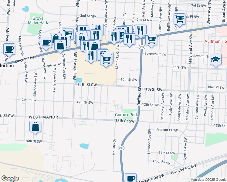 map of restaurants, bars, coffee shops, grocery stores, and more near 1102 Poplar Avenue Southwest in Canton