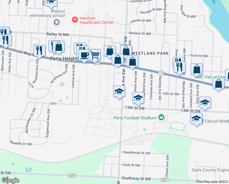 map of restaurants, bars, coffee shops, grocery stores, and more near 224 Parkland Avenue Southwest in Massillon